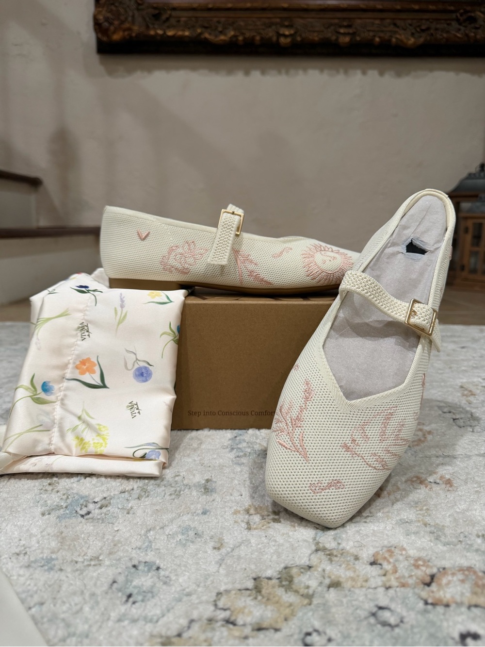 Vivaia Margot Mary Jane Cream French Floral Flats